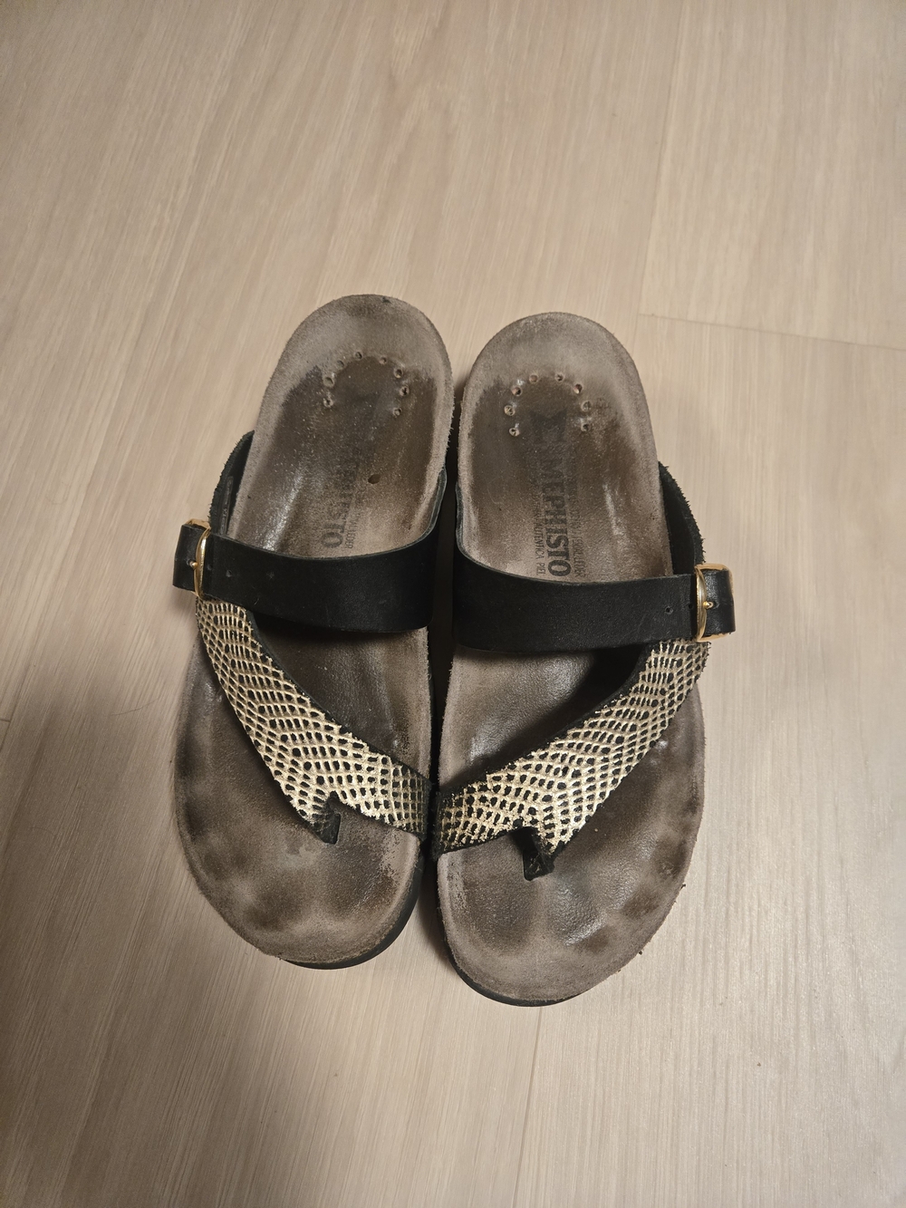 Mephisto Black and Gold Textured Thong Sandals